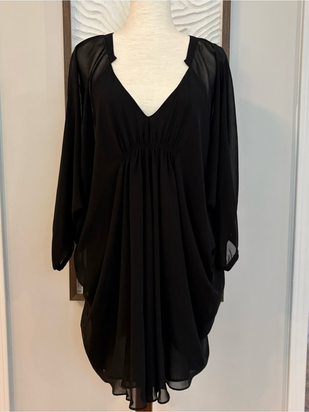 Suzi Chin Black Sheer Sleeve Draped Dress Size 8